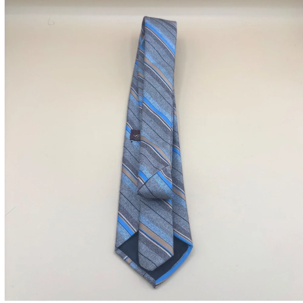 Etienne Aigner Mens Silk Blend Striped Necktie Grey Blue Tan Geometric 3.5 Inch